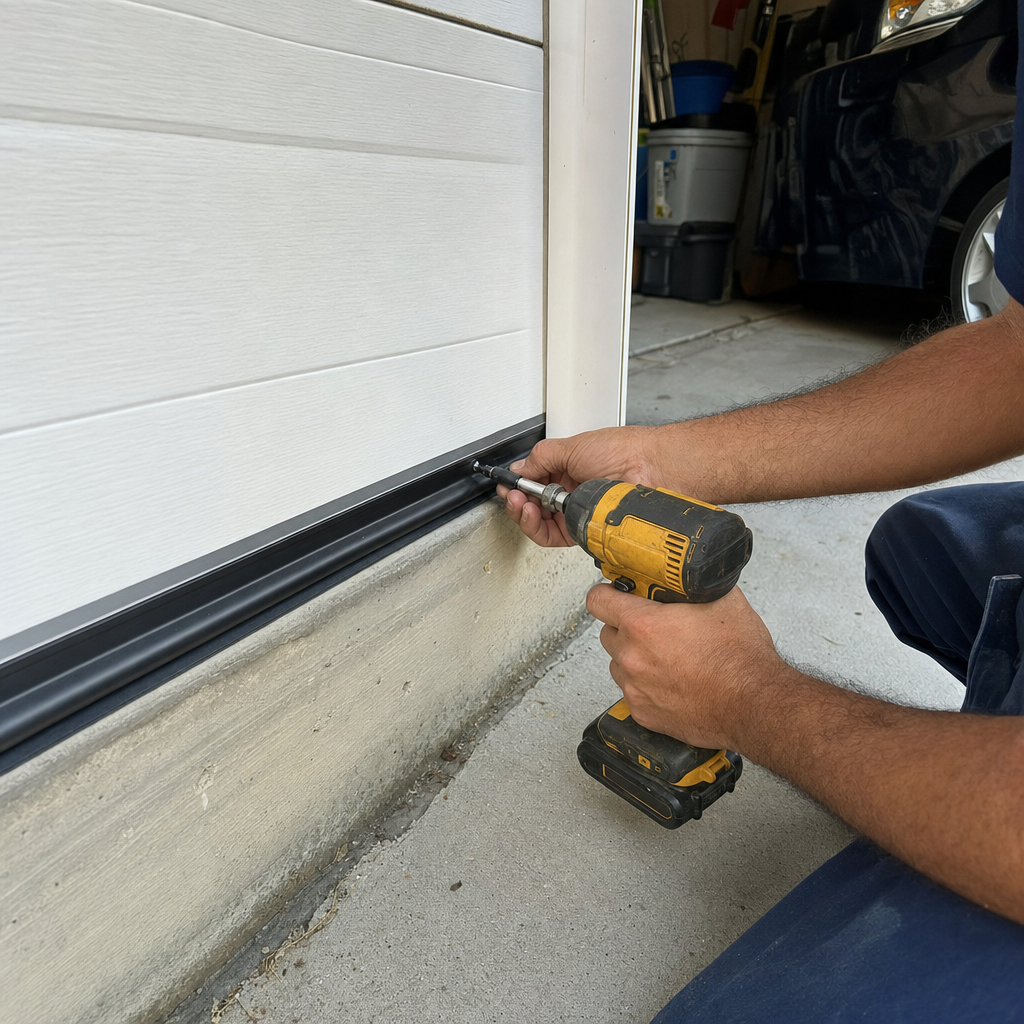 Garage door installation: technician attaching bottom seal with drill
