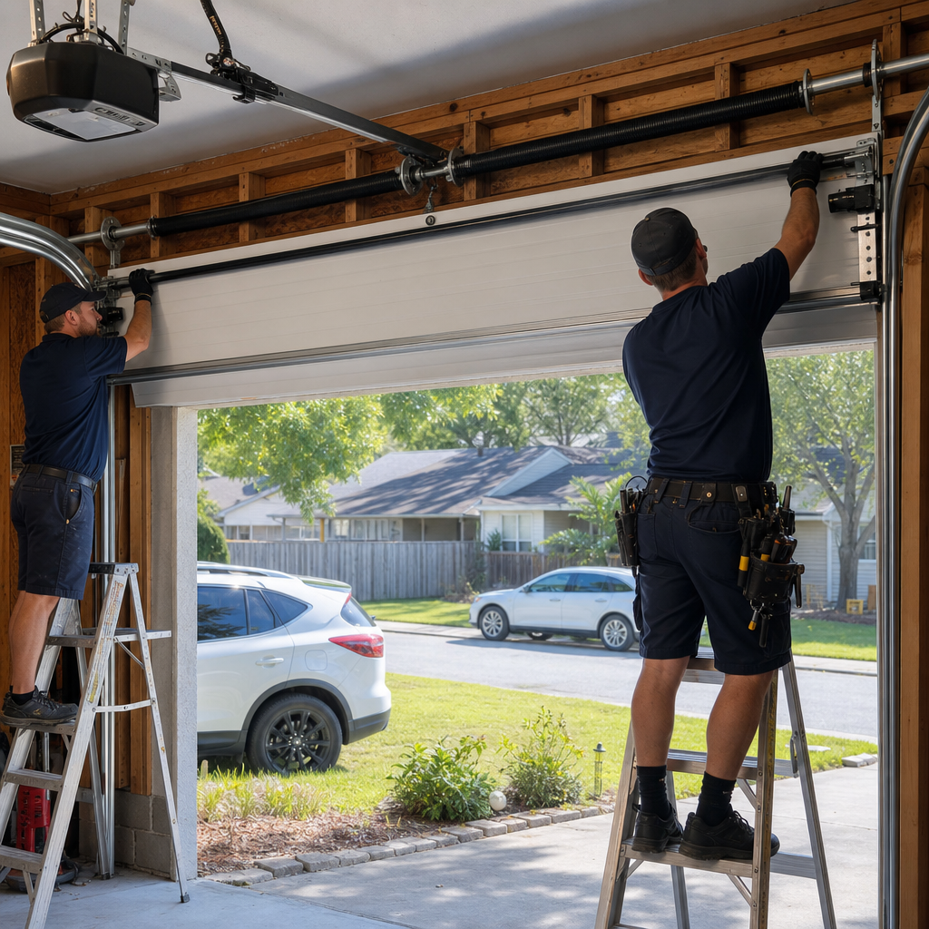 Technicians installing a garage door