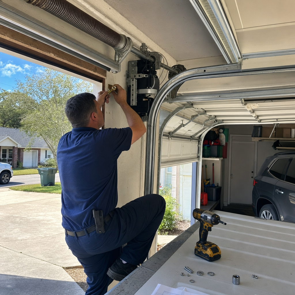 Technician installing garage door opener system