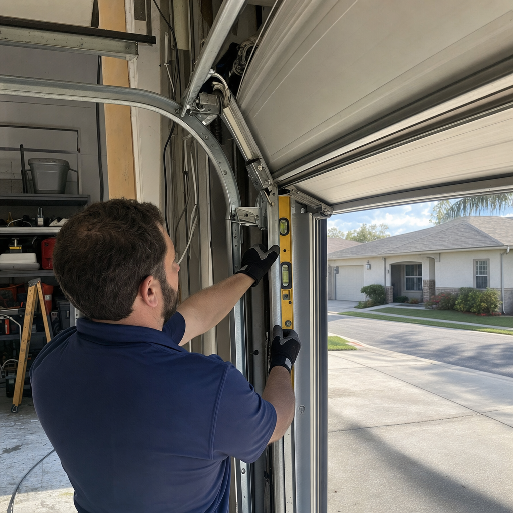 Garage door repair technician checks alignment with a level.