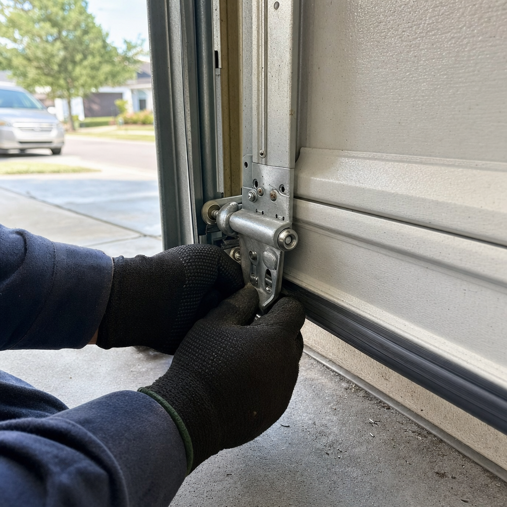 Person working on garage door parts, adjusting hinge mechanism in Orange Park, FL