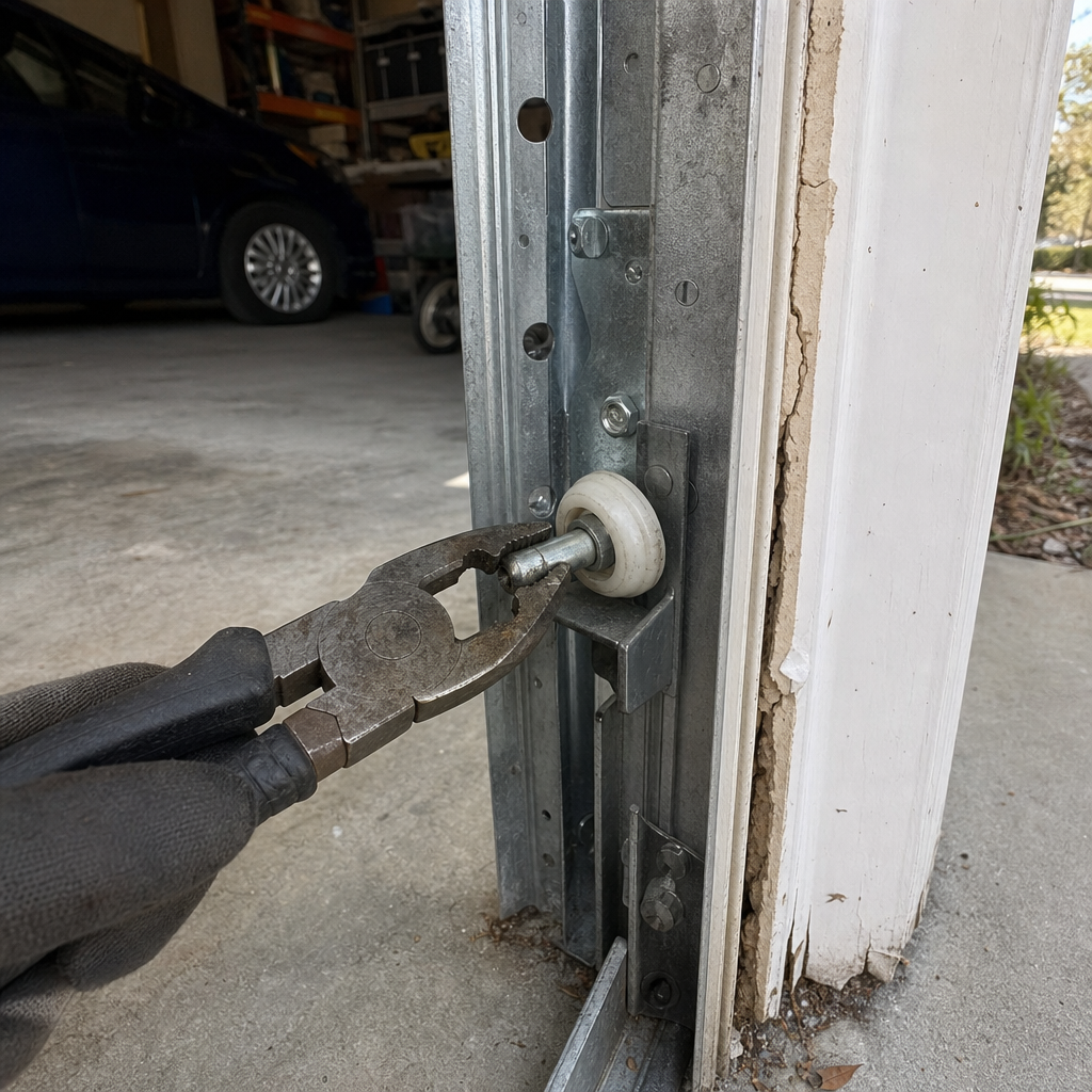 Garage door roller being adjusted with pliers by a technician. in Orange Park, FL